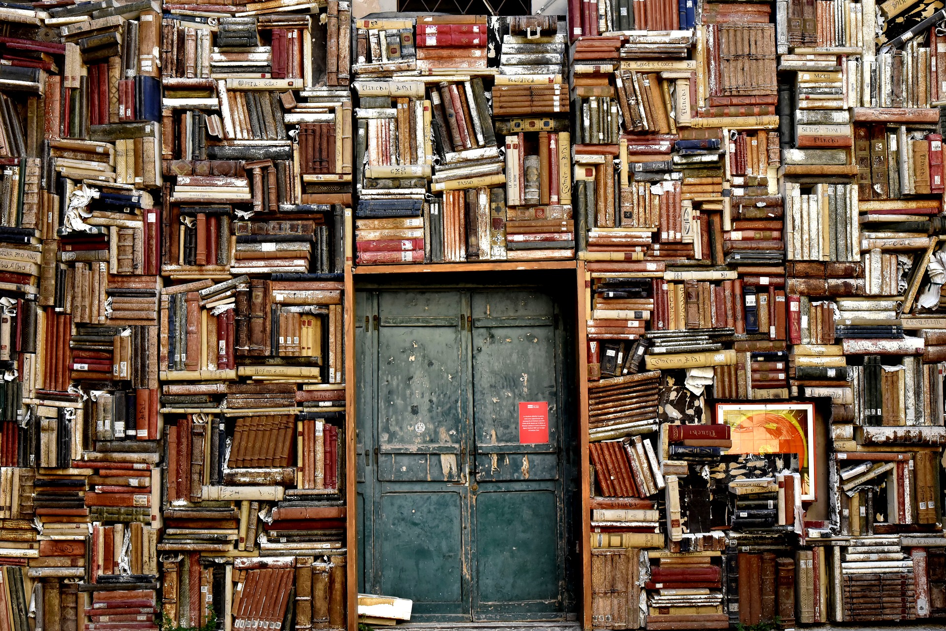 Eine Wand voller Bücher mit einer Tür in der Mitte.